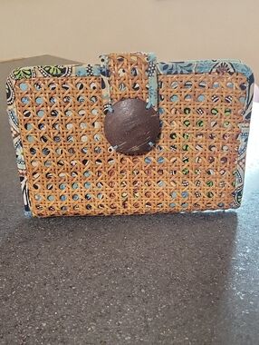 Vera Bradley Woven Tan Clutch with Blue Trim
